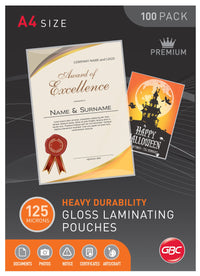 GBC A4 Gloss Laminating Pouches - 125 Micron, Pack of 100