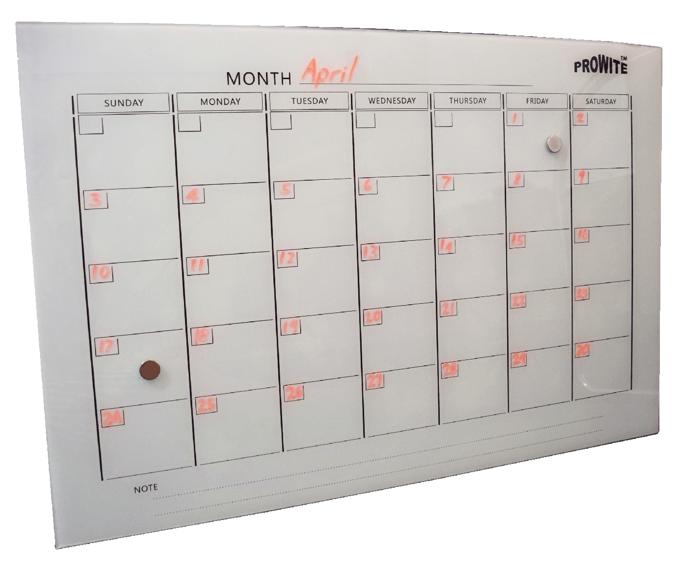PROWITE Monthly Planner Glass Writing Board - 600mm x 900mm - 2 Colours
