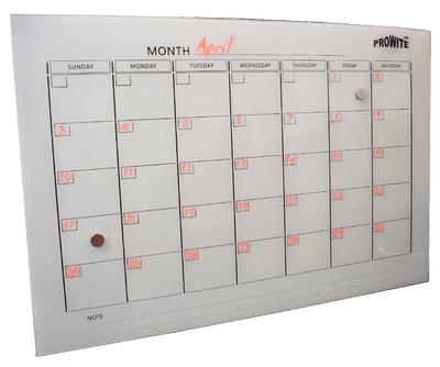 PROWITE Monthly Planner Glass Writing Board - 600mm x 900mm - 2 Colours