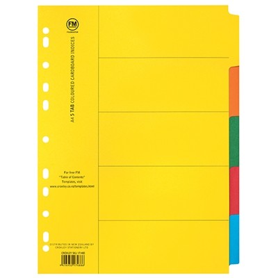 FM A4 5 Tab Coloured Board File Divider Set - 10 Pack