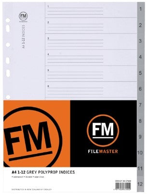 FM A4 Numeric Grey Polypropylene Tab File Divider Set 1-12 - Pack of 5
