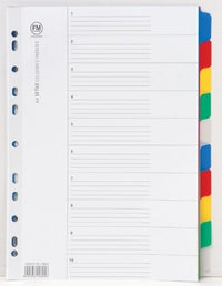 FM A4 10 Tab Coloured Polypropylene File Divider Set - 10 Pack