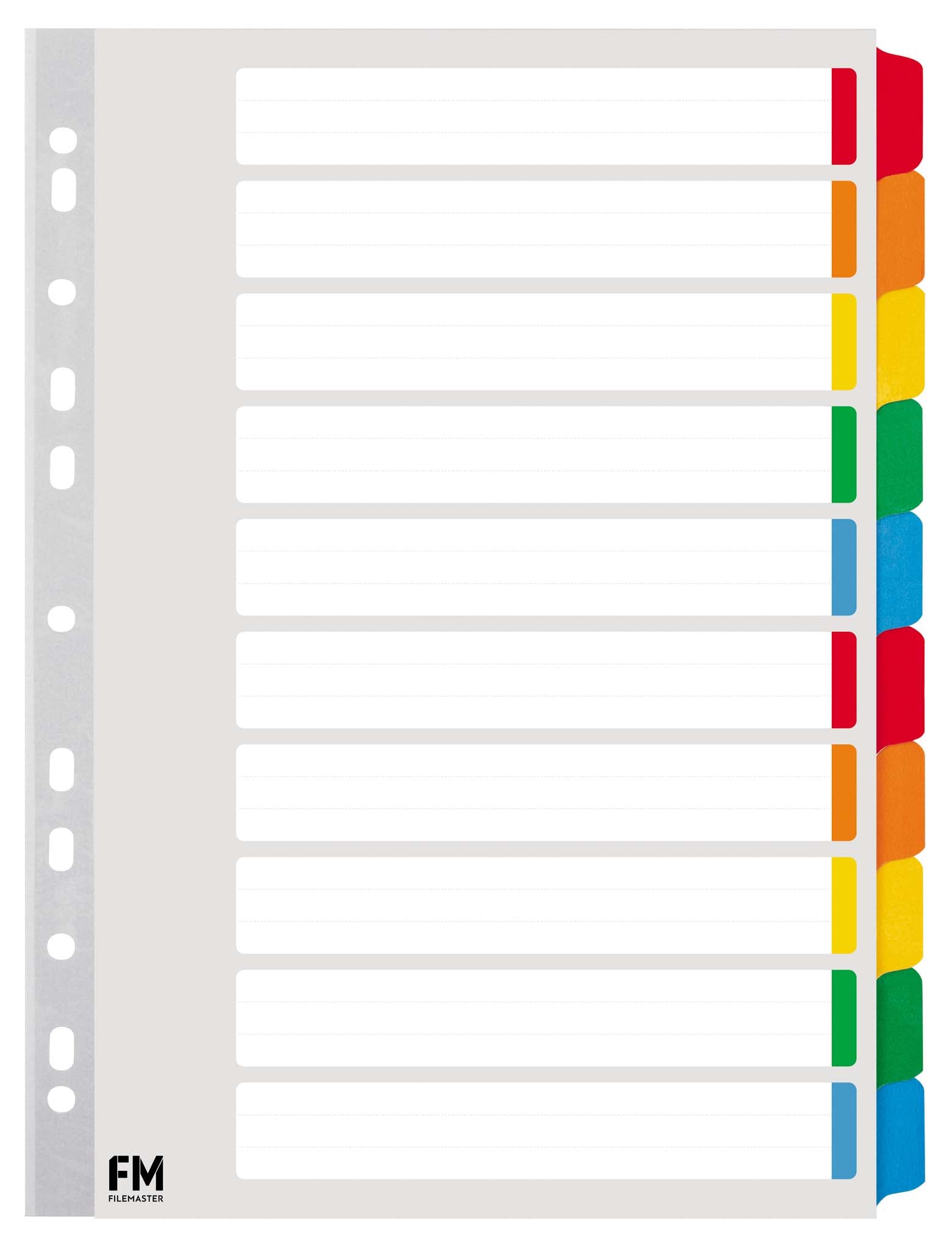 FM A4 Reinforced 10 Tab Coloured File Divider Set - 10 Pack