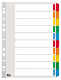 FM A4 Reinforced 10 Tab Coloured File Divider Set - 10 Pack