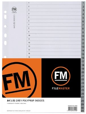 FM A4 Numeric Grey Polypropylene Tab File Divider Set 1-31