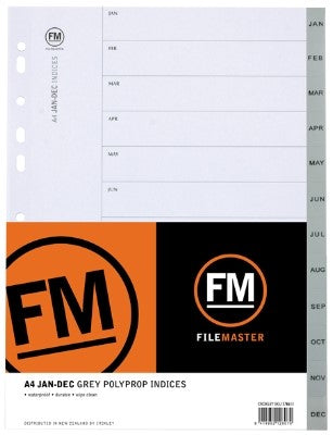 FM A4 JAN -DEC Grey Polypropylene File Divider Set