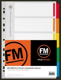 FM A4 Reinforced 5 Tab Coloured File Divider Set - 10 Pack