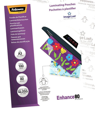 Fellowes A3 Gloss 80 Micron Laminating Pouches - Pack of 100 Sheets