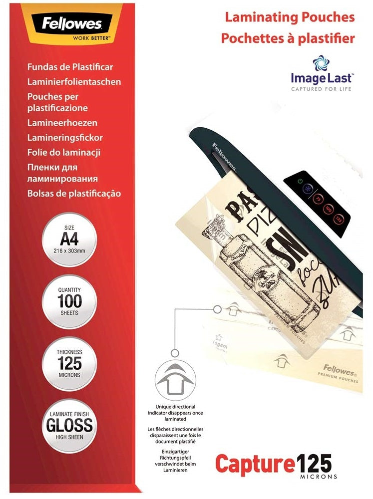Fellowes A4 125 Micron Gloss Laminating Pouches - Pack of 100 Sheets
