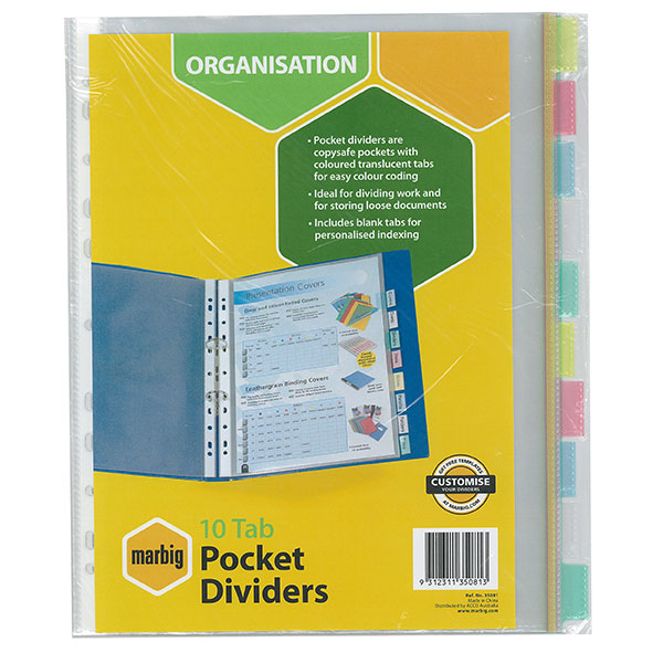 Marbig A4 10 Tab Coloured Pocket Divider Set - 10 Pack