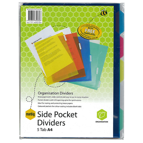 Marbig A4 5 Tab Coloured Pocket Divider Set - 10 Pack