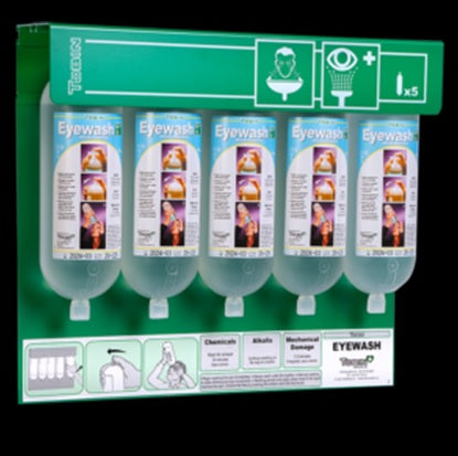 Tobin Buffer pH Neutralising Eyewash Solution with Wall-mounting Stand – 5 Bottles