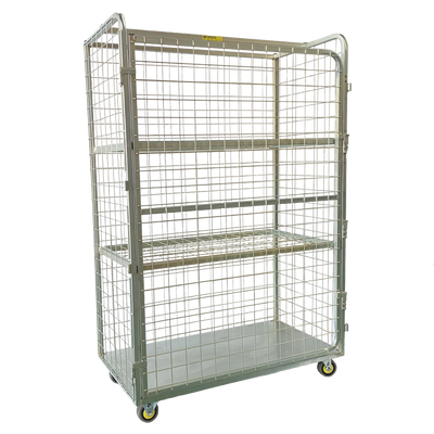 Wire Mesh Three Level Mobile Shelf Cage with Door Options