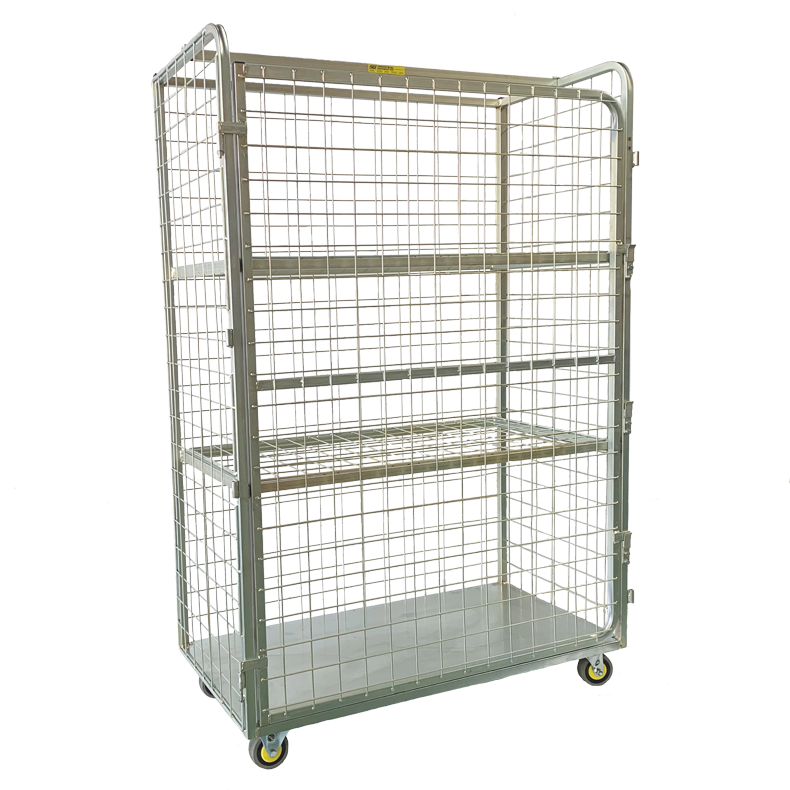 Wire Mesh Three Level Mobile Shelf Cage with Door Options