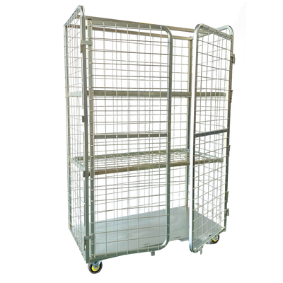 Wire Mesh Three Level Mobile Shelf Cage with Door Options