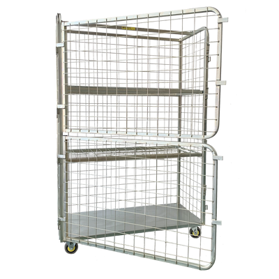 Wire Mesh Three Level Mobile Shelf Cage with Door Options